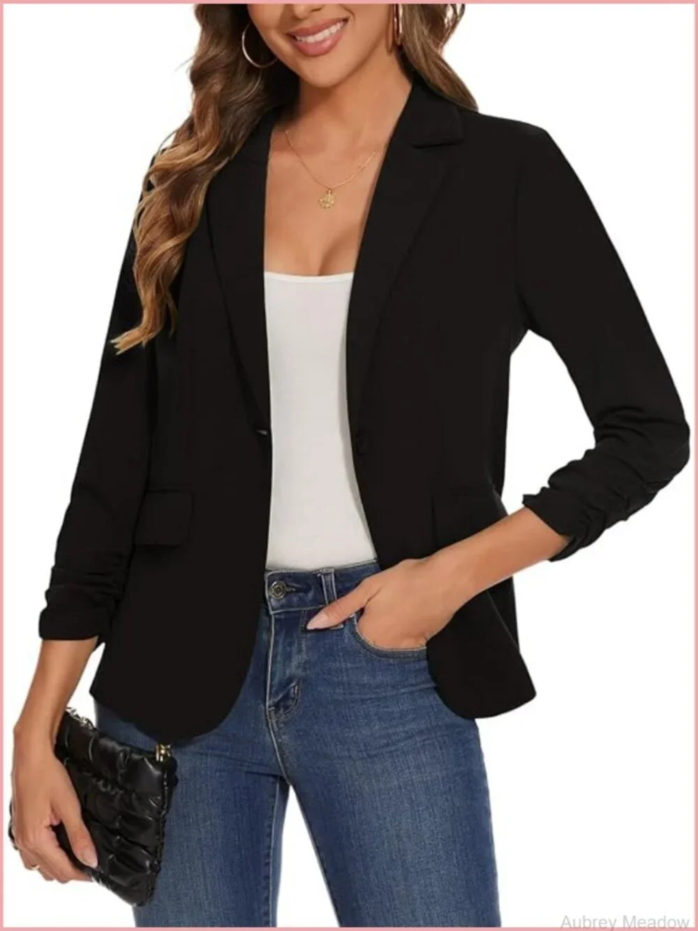 Casual Single Button Blazer Ruched 3/4 Sleeve Notched Lapel Lightweight Office